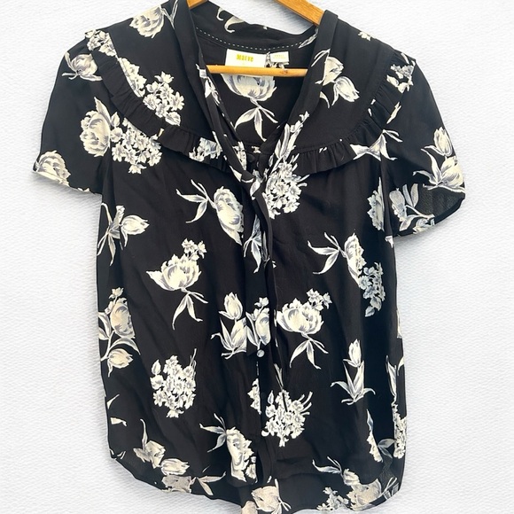 Maeve by Anthropologie • Black Floral Adagio Ruffle Button Top Tie Neck Sz Small - Picture 4 of 10